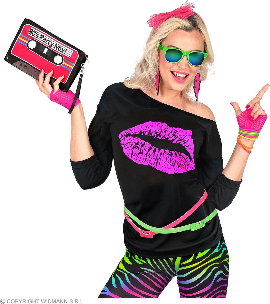 Jaren 80 & 90 Kostuum | 80s Shirt Big Kiss Vrouw | Small / Medium | Carnaval kostuum | Verkleedkleding